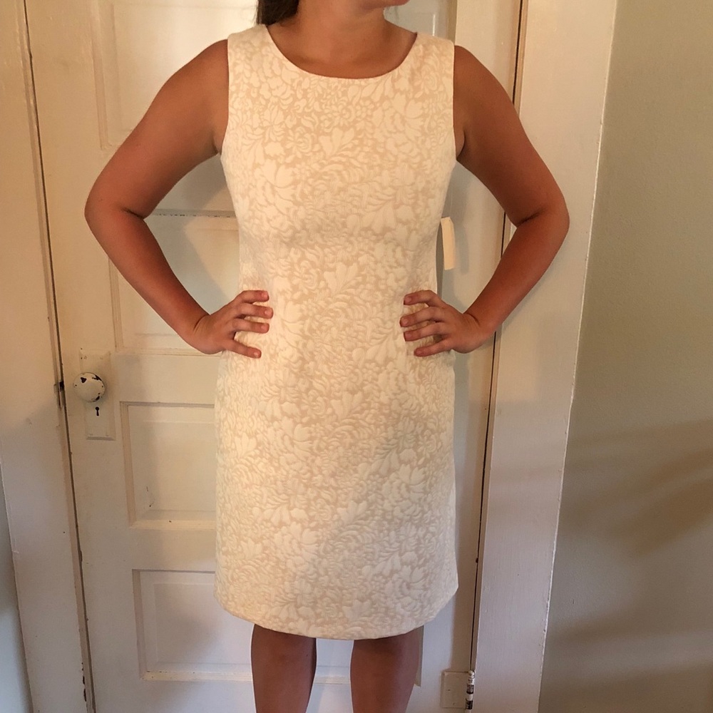 Coldwater Creek White and Tan Brocade Dress